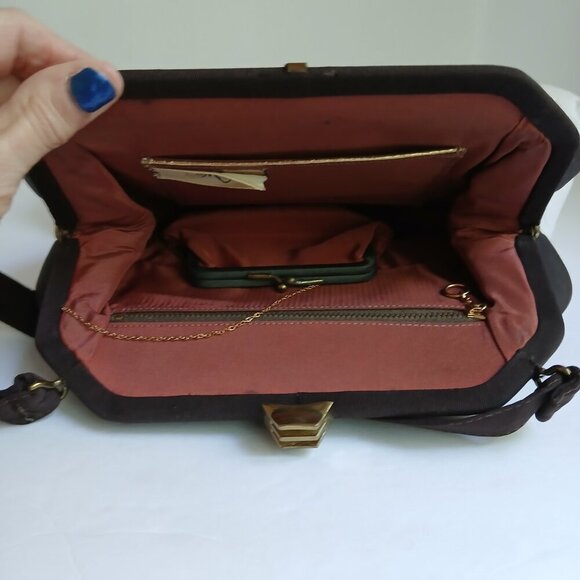 Vintage Brown Grosgrain Gold Art Deco Clasp Handbag with Cute Attached Purse - Picture 7 of 13